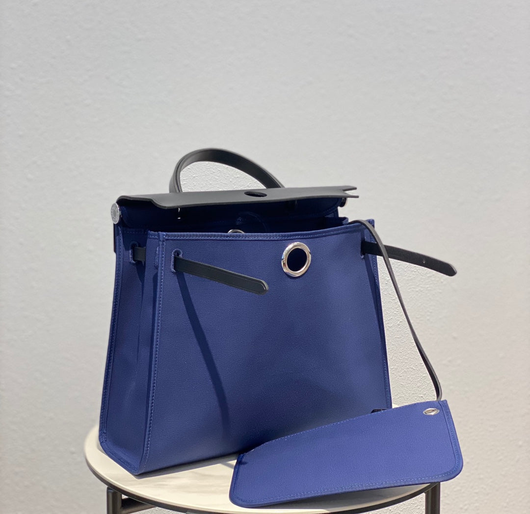 Herbag 31 Toile Blue Canvas Black Cowhide Leather