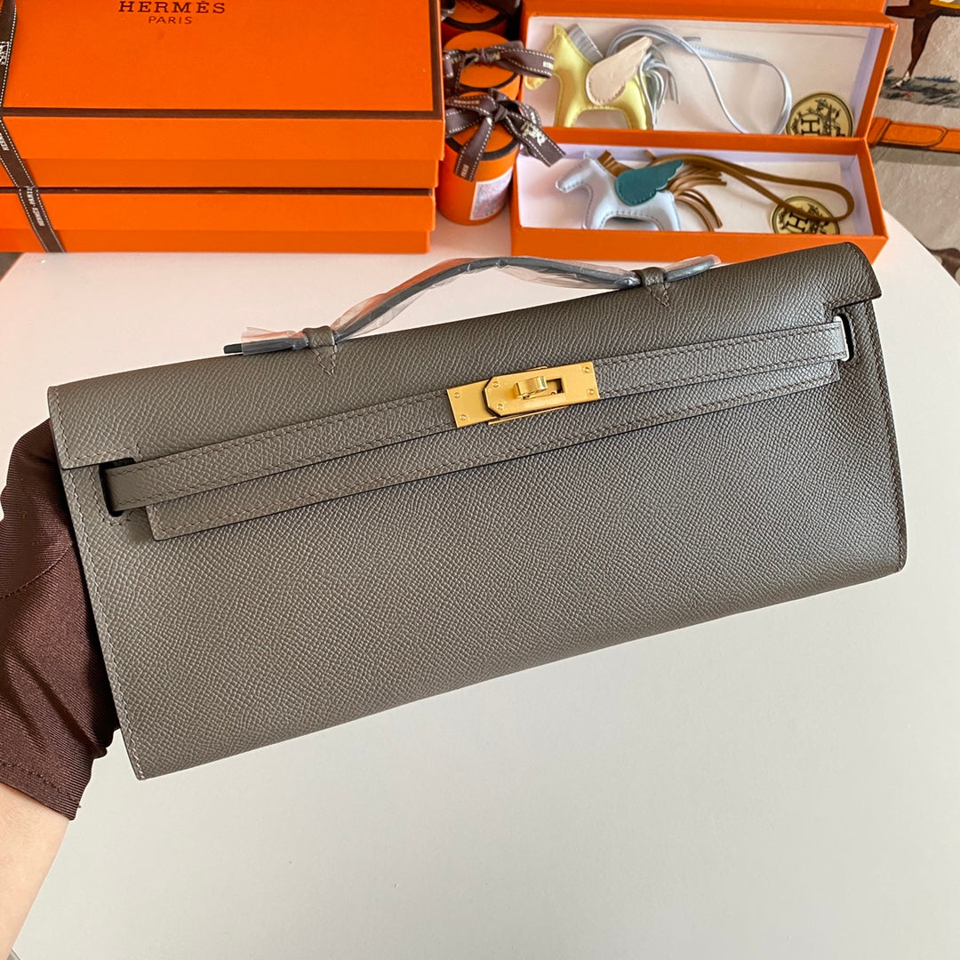 HM Kelly Cut 31 Fossil Gray Epsom Leather Gold Hardware 229052