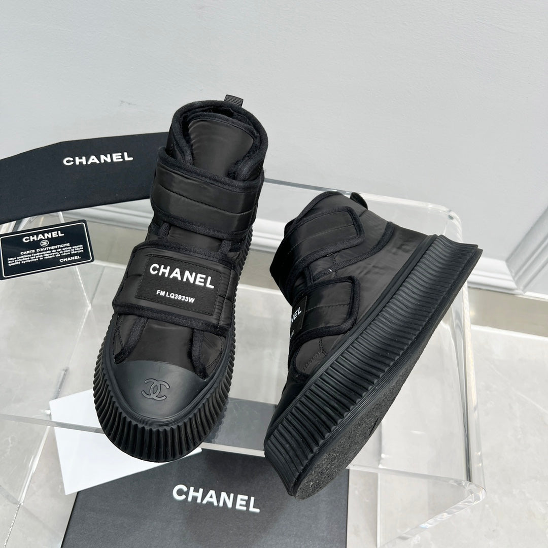 CC High Top Sneaker Thick-Soled Black Rain Velvet Fabric