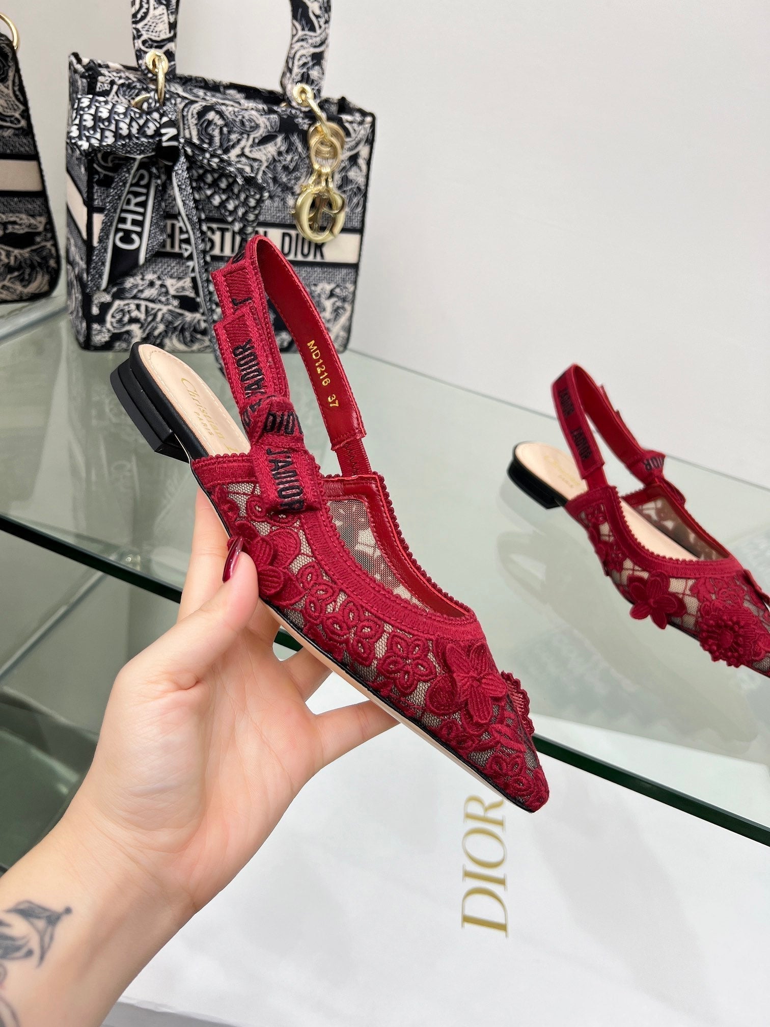J'Adior Slingback Pump In Red Floral Embroidered Lace Fabric 100844