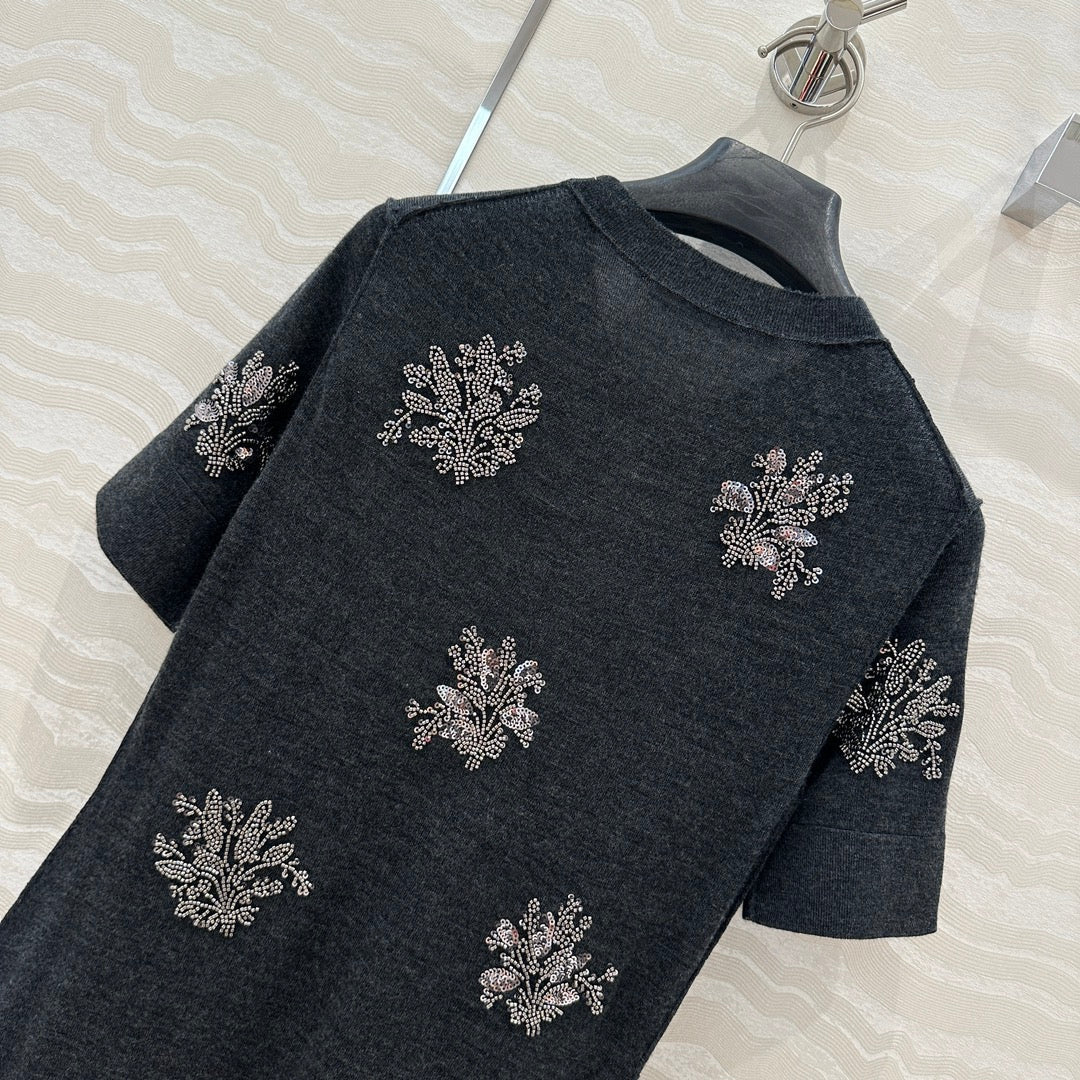 Fendi Beaded Flower Knitted Dress Black Gray Wool