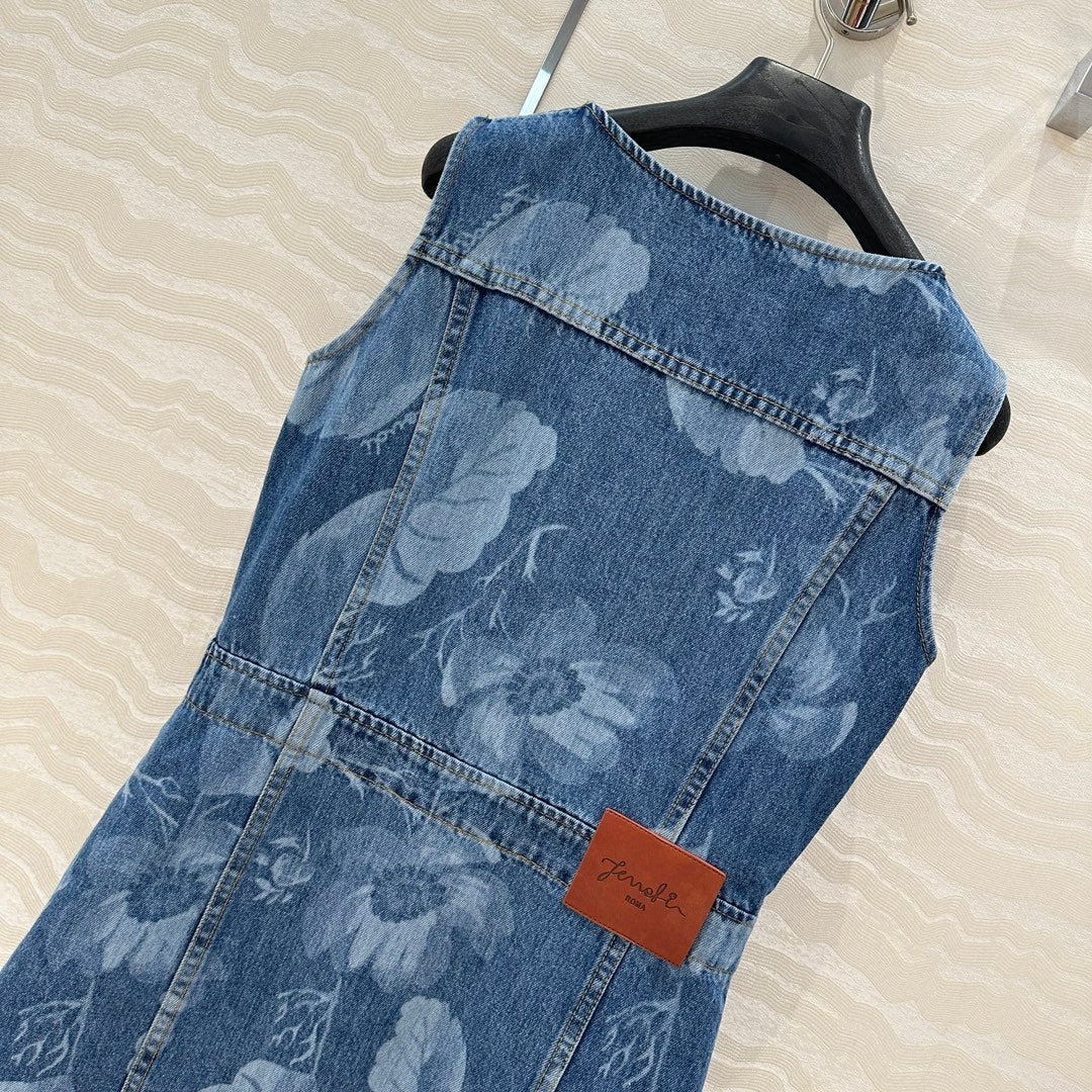 Fendi Flower Vest Dress Blue cotton