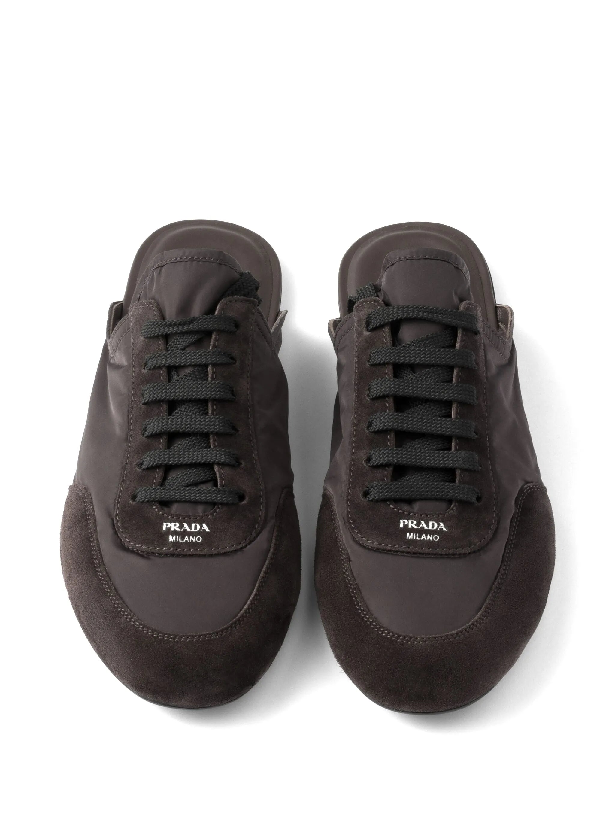 Prada Collapse Mules Brown Black Suede Goatskin