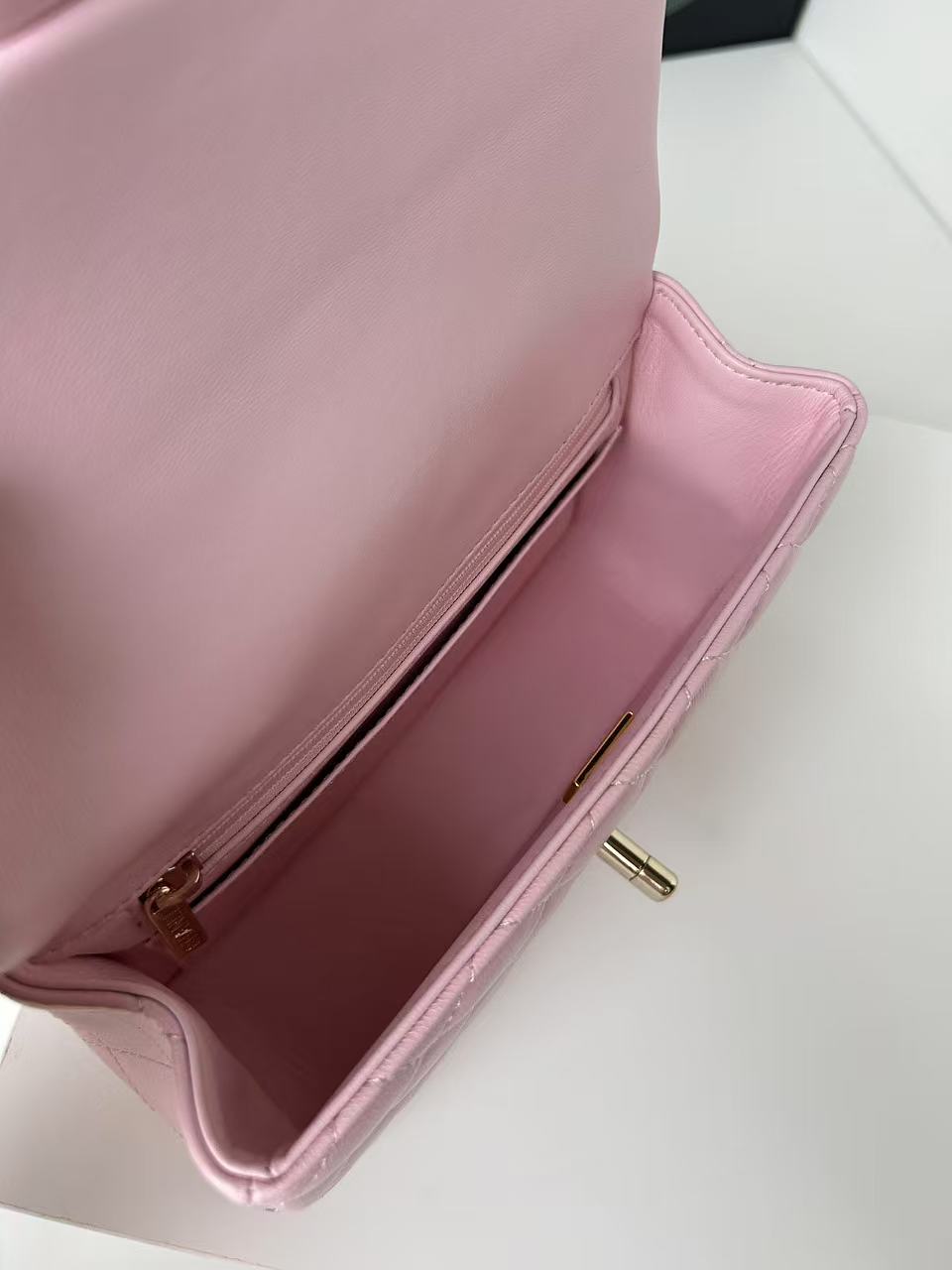 Chanel Mini Flap Bag Pink With Top Handle Lambskin Light Gold Hardware