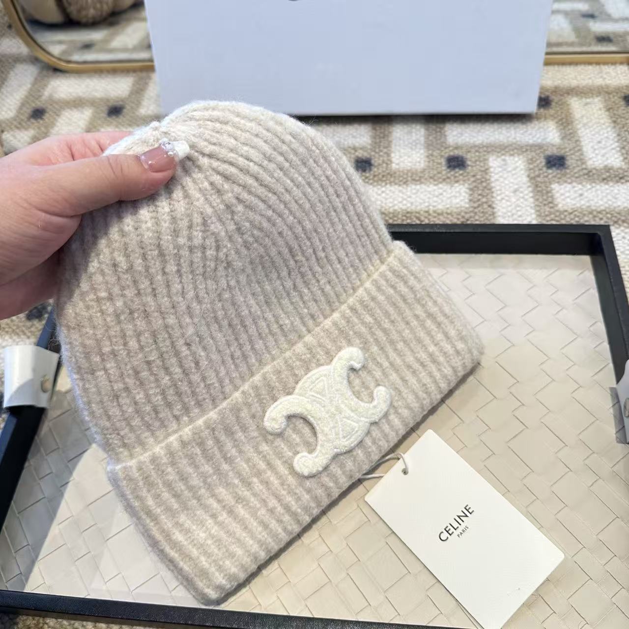 Celine Embroidered Triomphe Hat Beige mix White Wool Cashmere