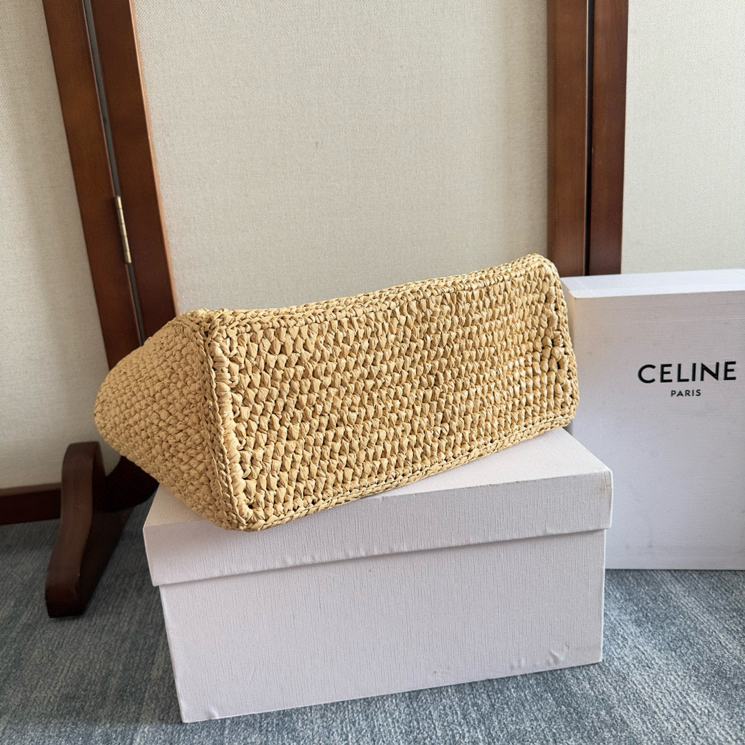 Celine Cabas Thais Handbag Beige mix Brown Plant Material And Cow Leather