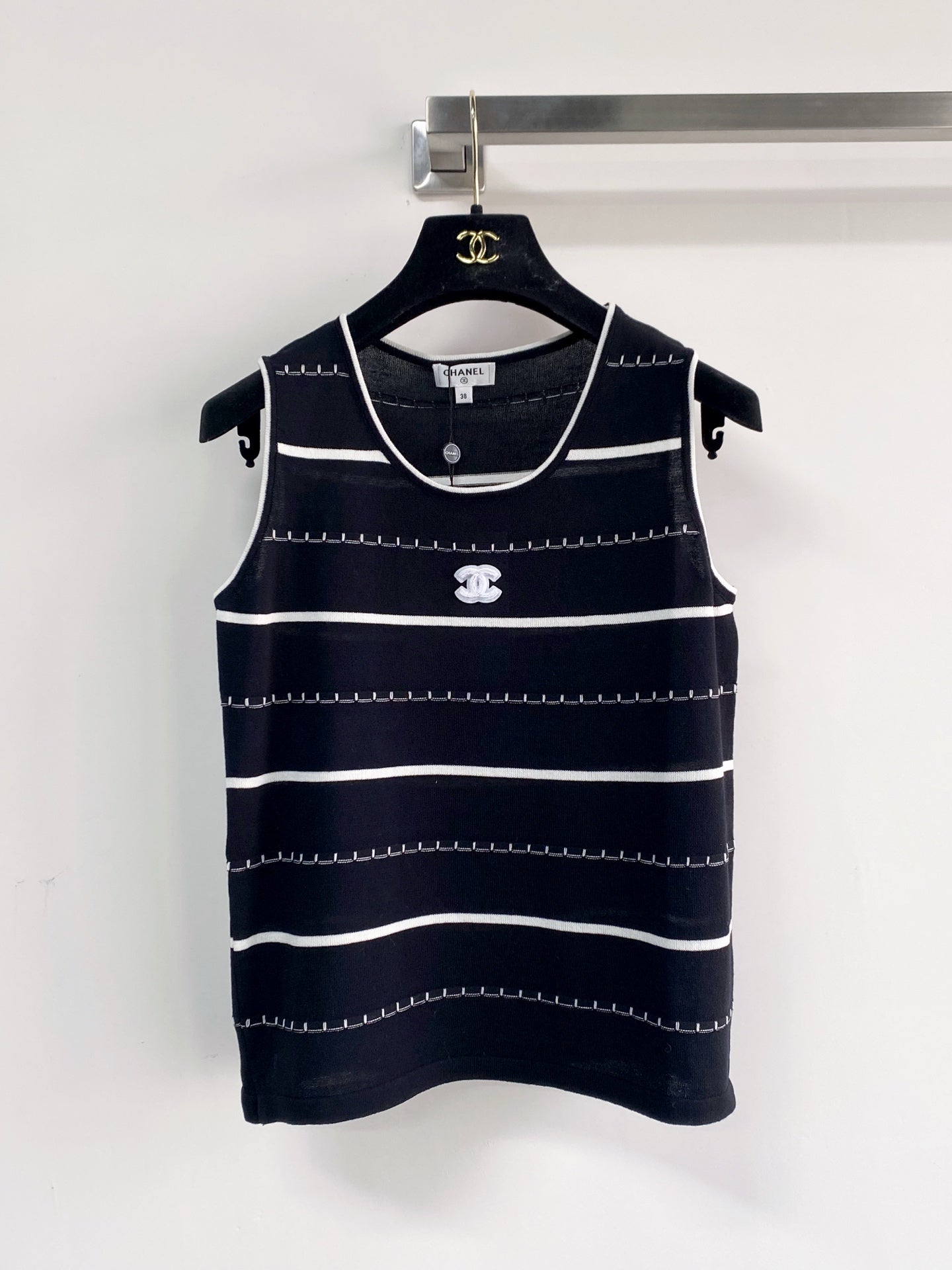 Chanel 2026 Black And White Striped Knit Tank Top Wool Cashmere