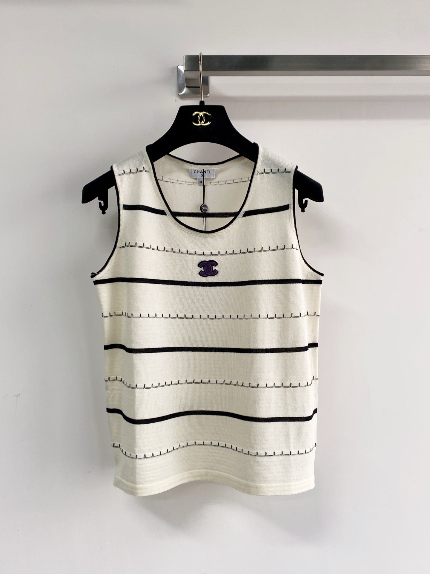 Chanel 2026 Black And White Striped Knit Tank Top Wool Cashmere