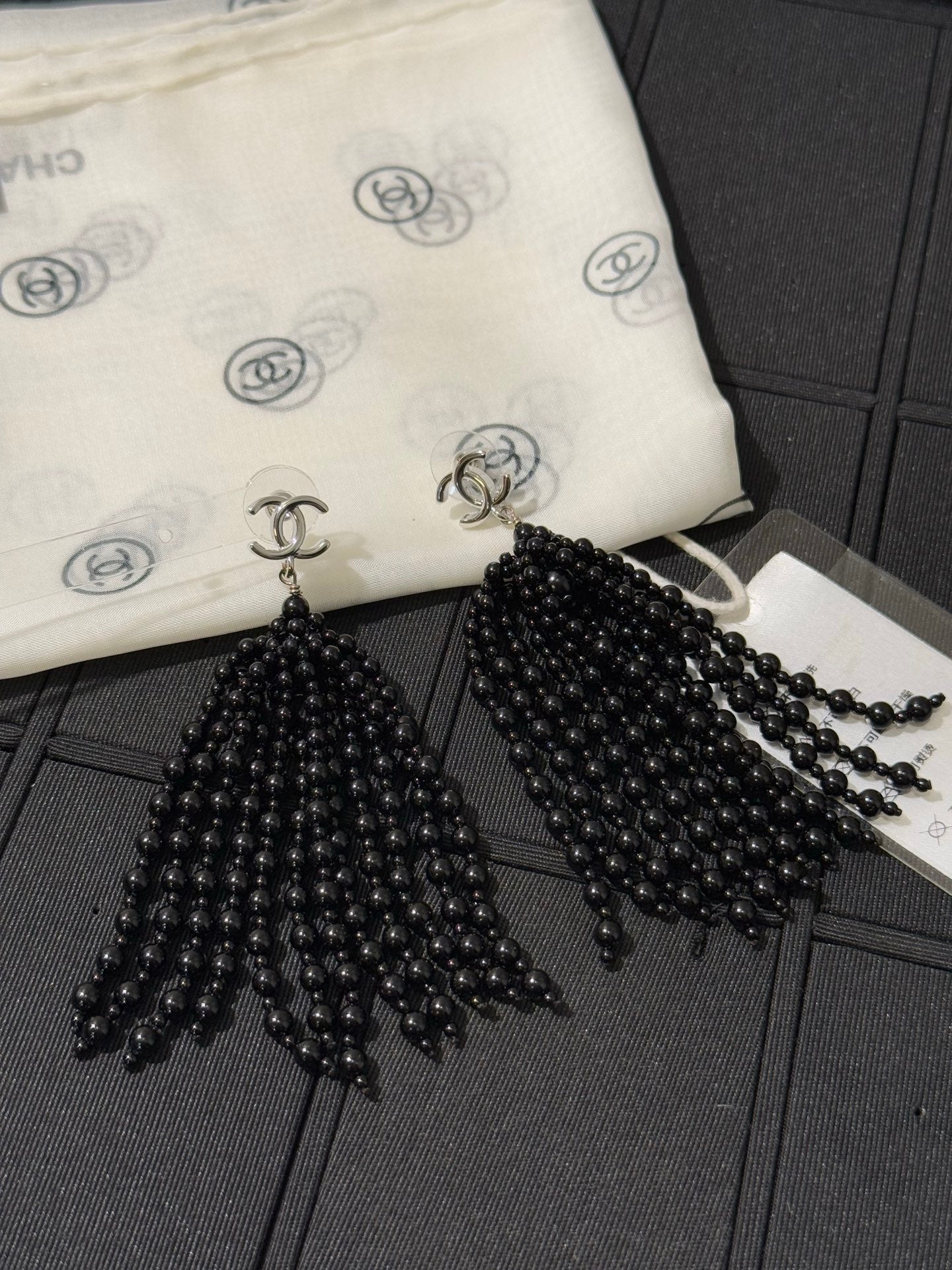 Chanel 2026 Black Beaded Tassel Earrings with Gold Double C Long Earrings