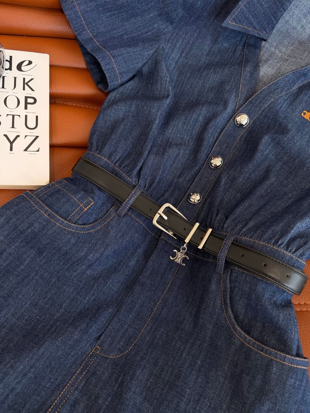 Celine 25 Arc de Triomphe Logo Embroidered Denim Dress Blue Cotton