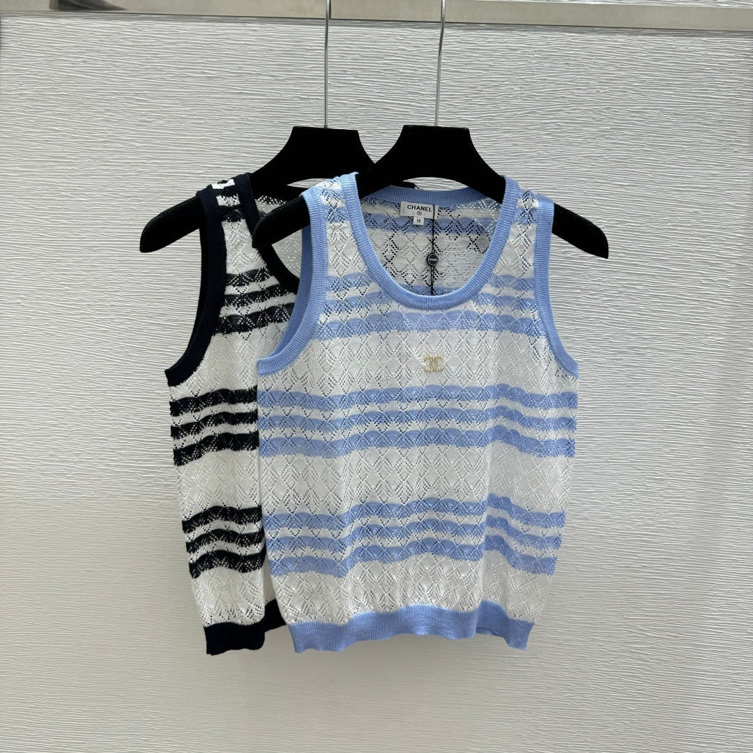 Chanel 2026 Striped Knit Vest Blue and Black Wool Cashmere 368367