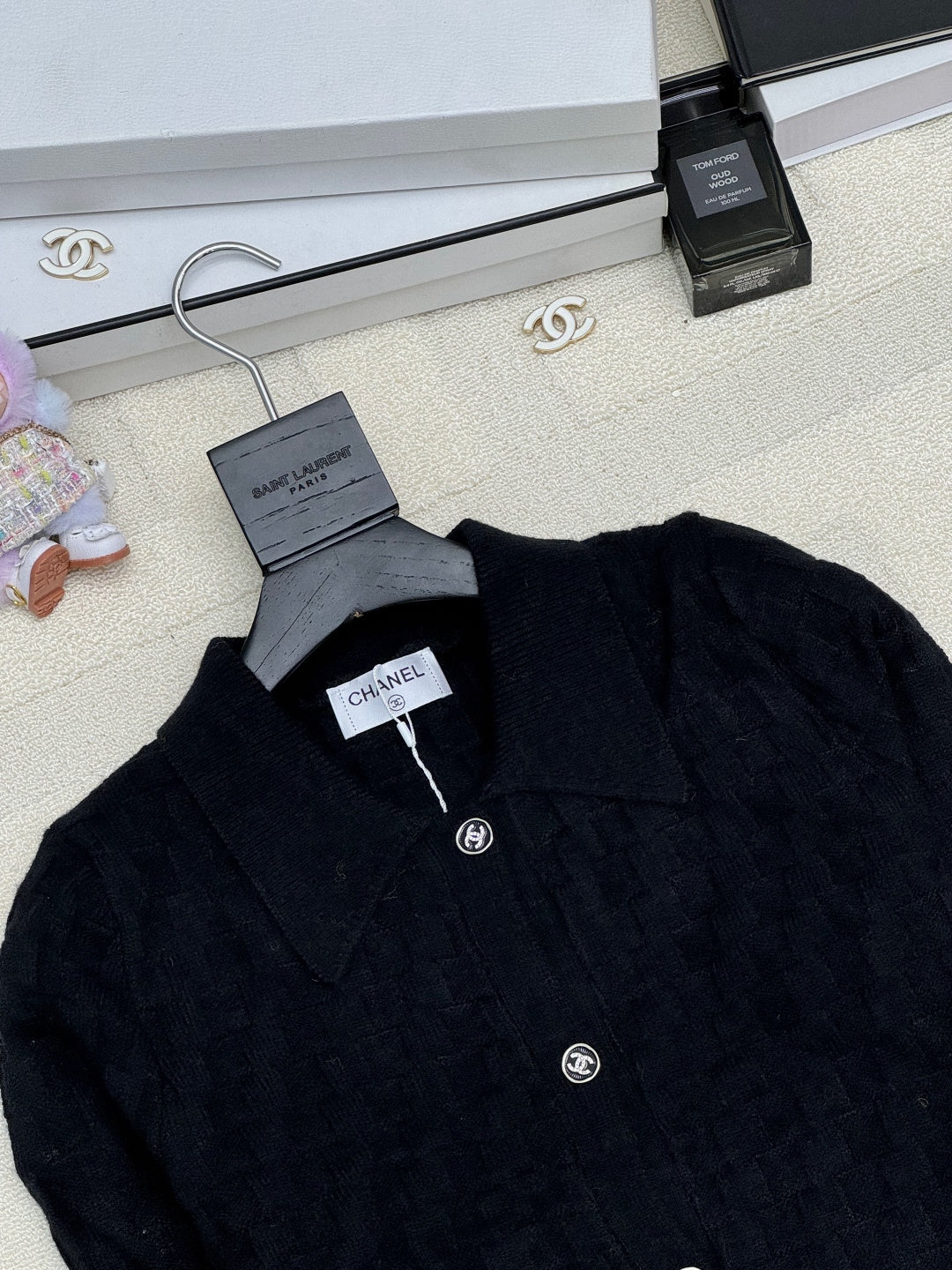 Chanel 2025 Polo Neck High-Waisted Short Knit Cardigan Black Wool