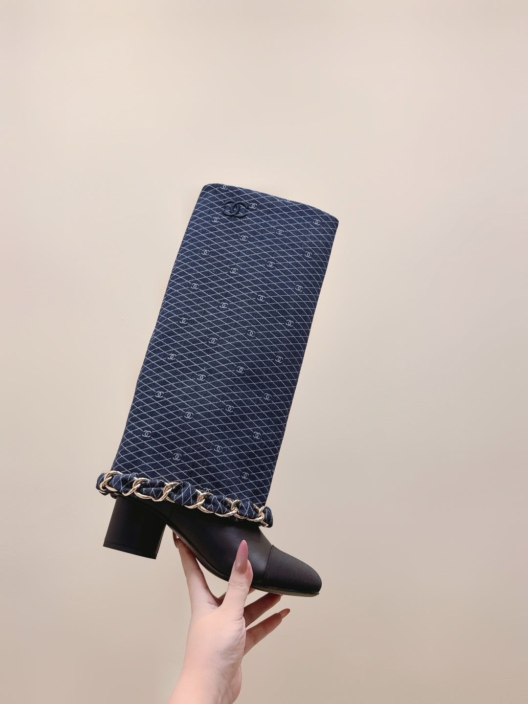 CC 25 Long Boot Navy Blue Black Denim Fabric Calfskin 515273