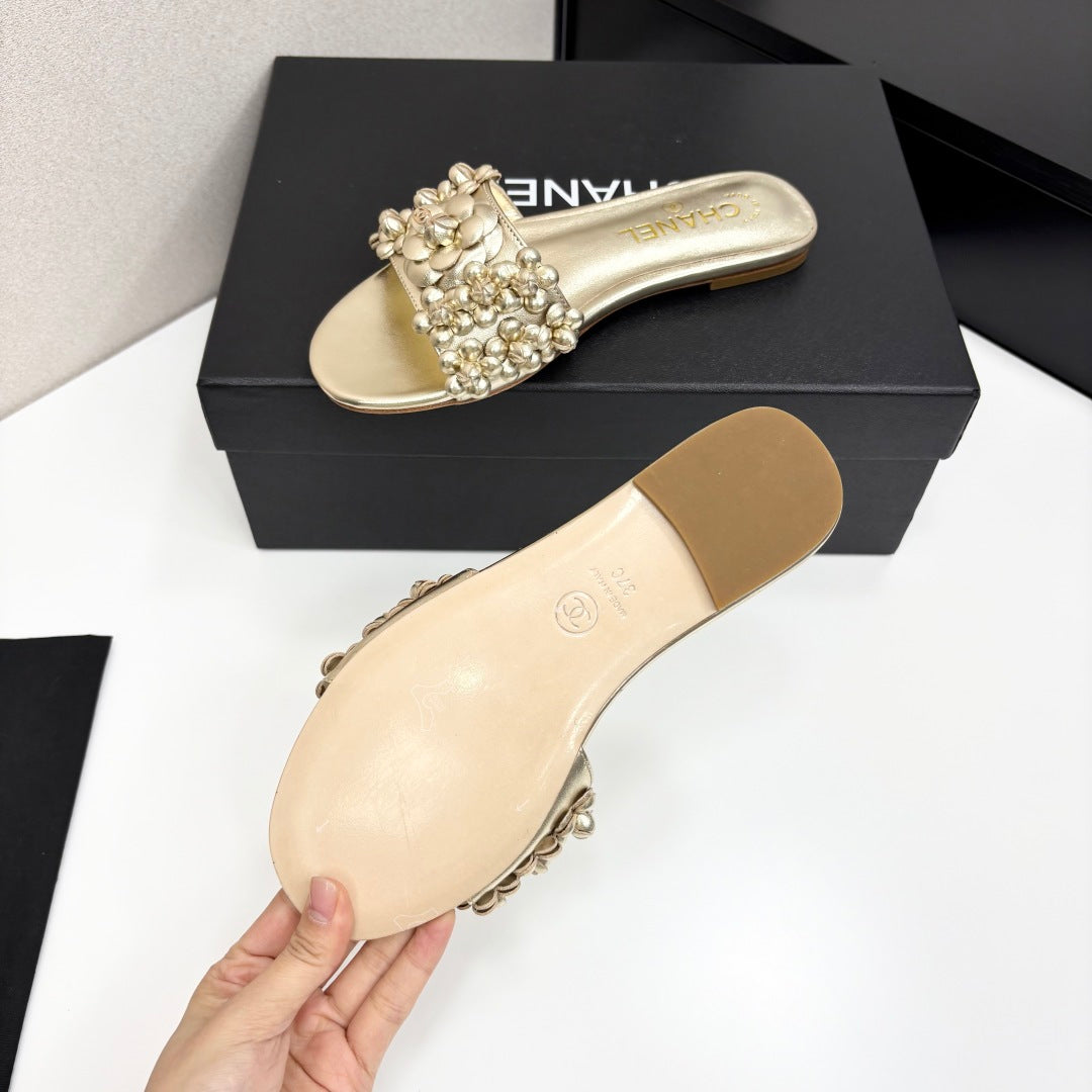 CC 25C Mules Flower Gold Metalic Calfskin