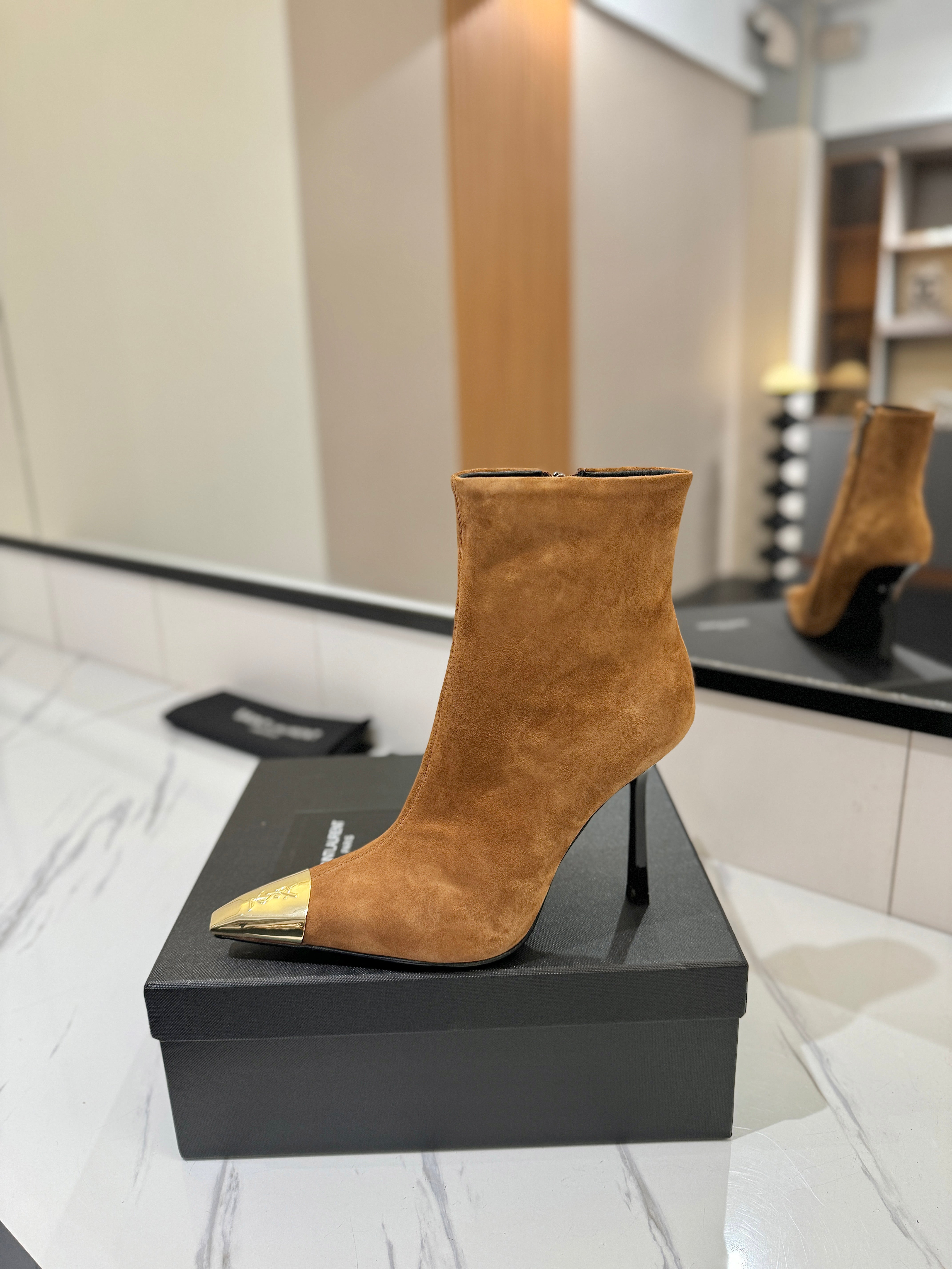 YSL 25 Metal Toe Short Boot Brown Gold Suede 520786