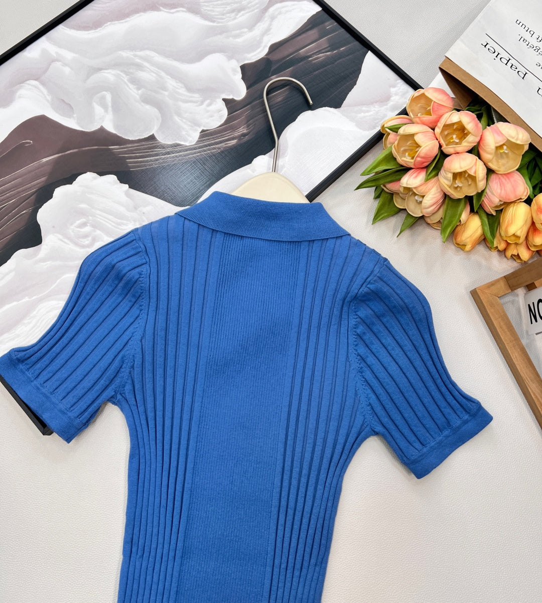 Miumiu 2026 Collared Logo Short-Sleeve Knit Top Blue Cotton