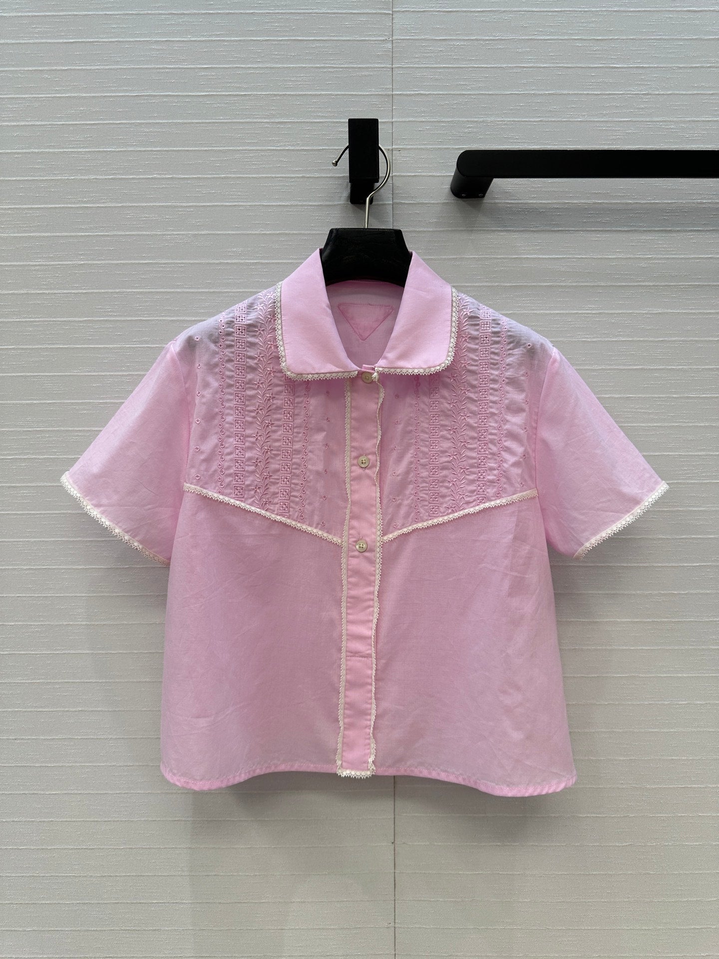 Prada 25 Lace Short-sleeved Shirt Pink Cotton