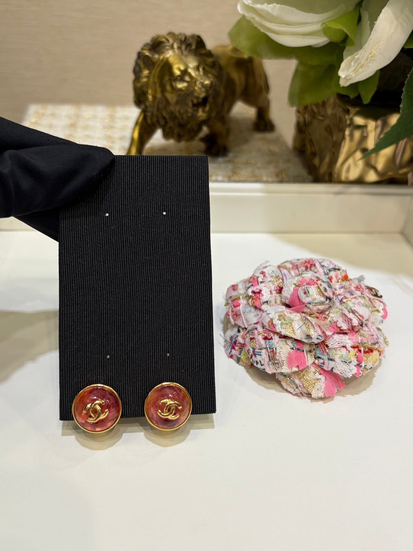 Chanel Gripoix Earrings With Gold CC Logo And Red Glass Stones