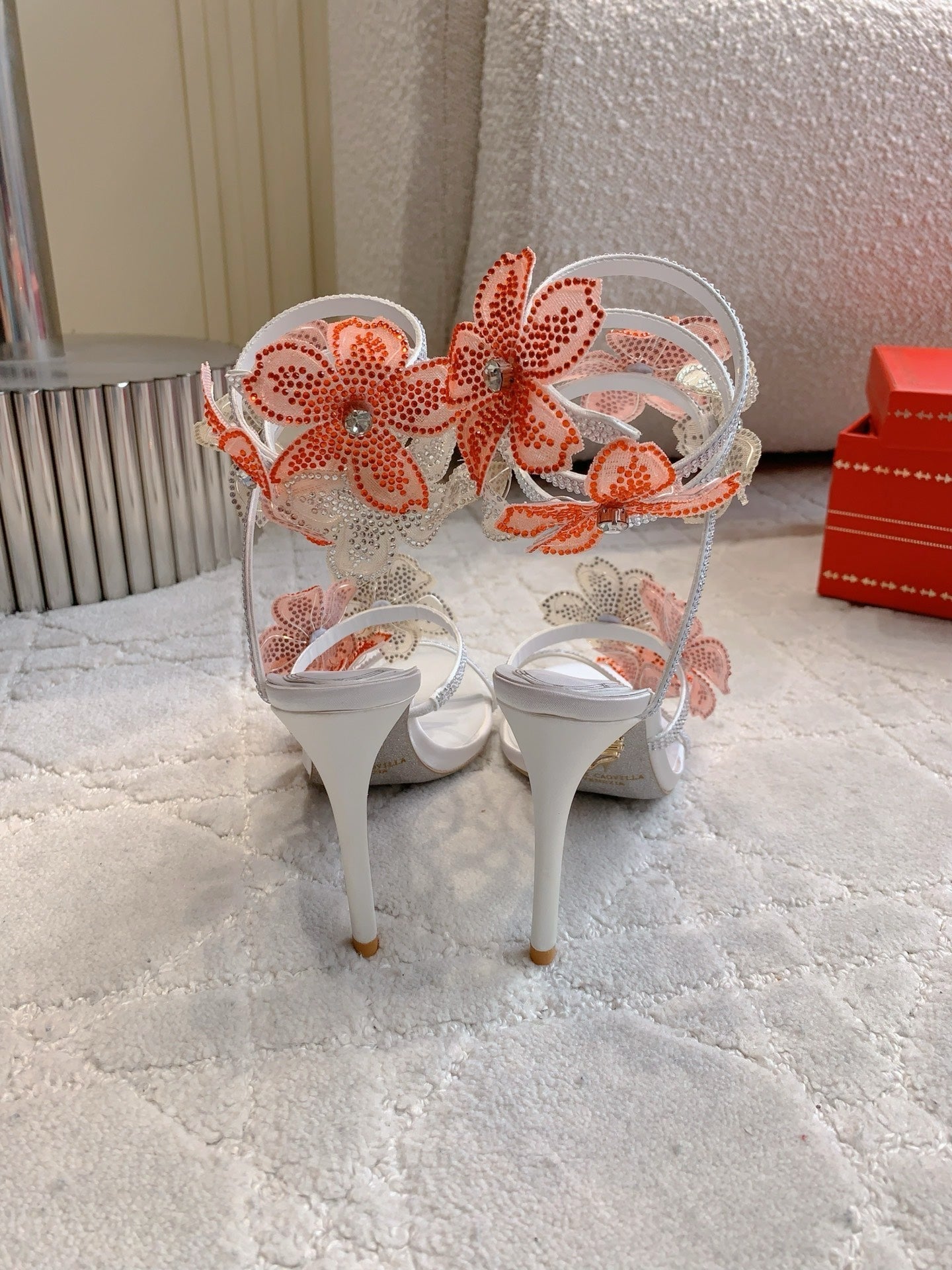 RC Flower Sandals Silver Sheepskin Rhinestones 328464