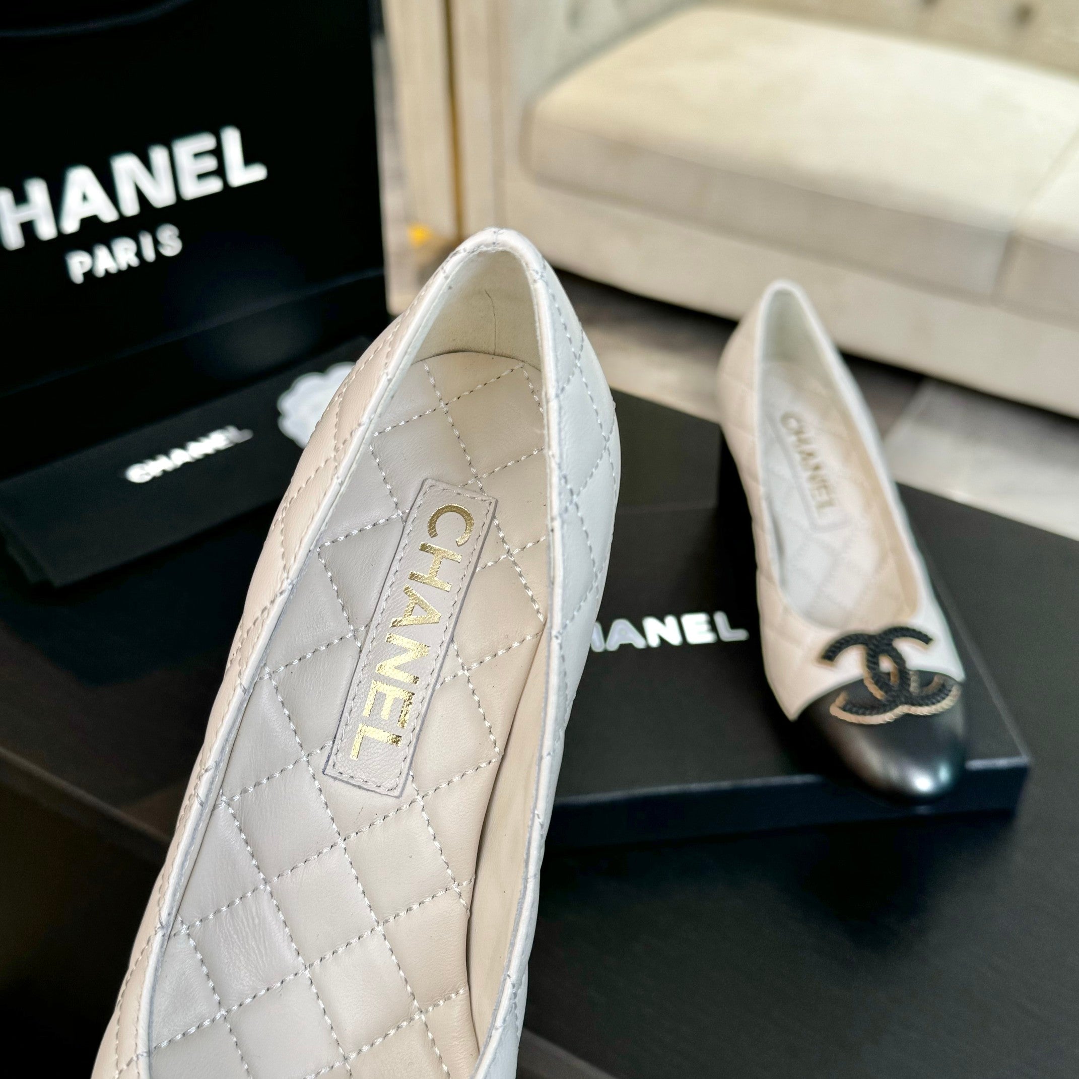ballet flat with high heel 7cm white black quilted lambskin