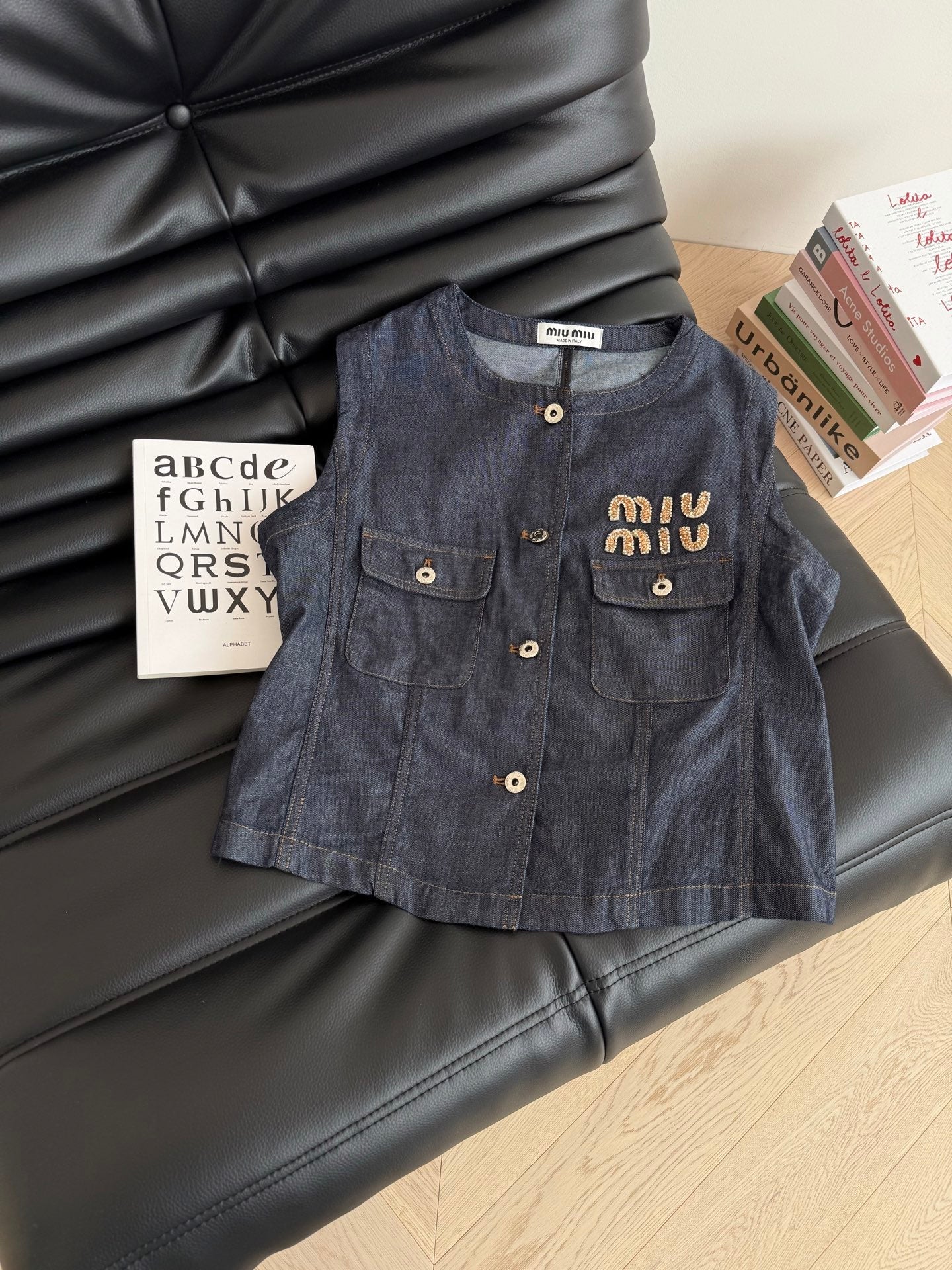 Miu Miu Beaded Letters Decorated Denim Suit Dark Blue Cotton