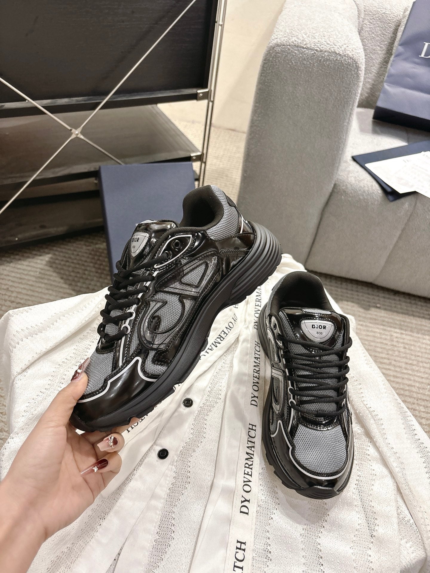 CD B30 Sneakers Patent Black Silver Gray Technology Fabric 438320