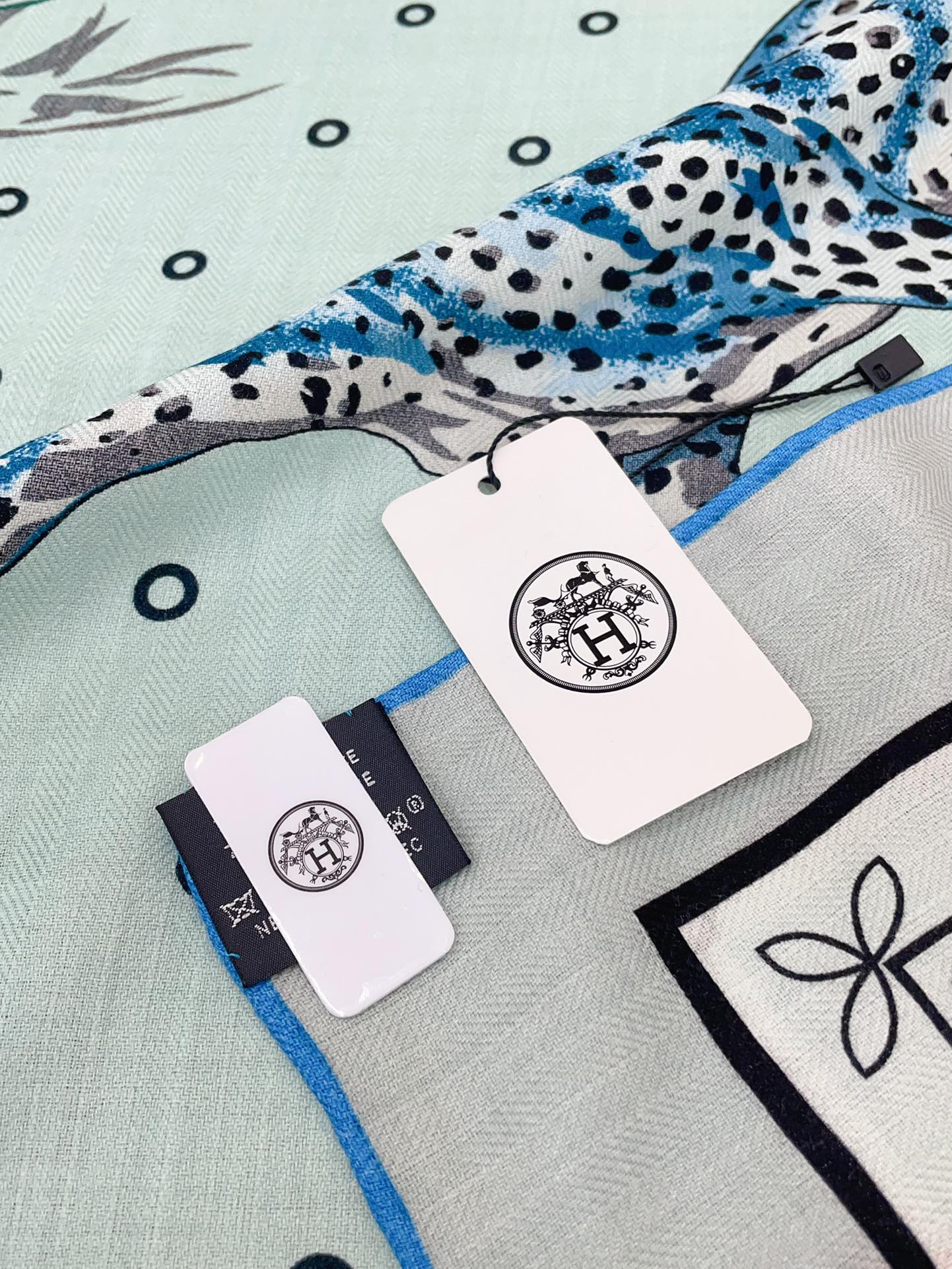 Guepards Bandana Double Face Scarf 140 CM In Light Turquoise Colorful Cashmere And Silk 334191