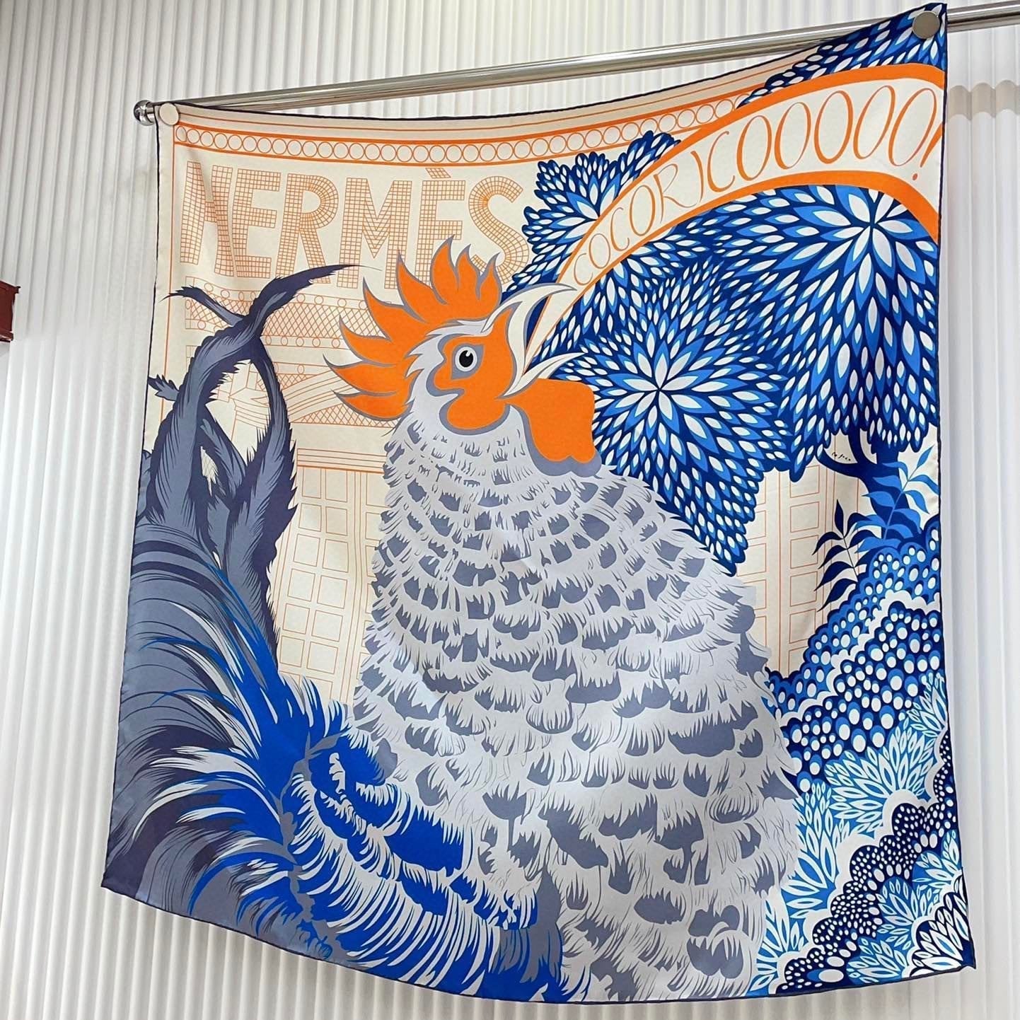 Cocoricooooo! Scarf 90 CM In Blue Orange Colorful Silk Twill 348775