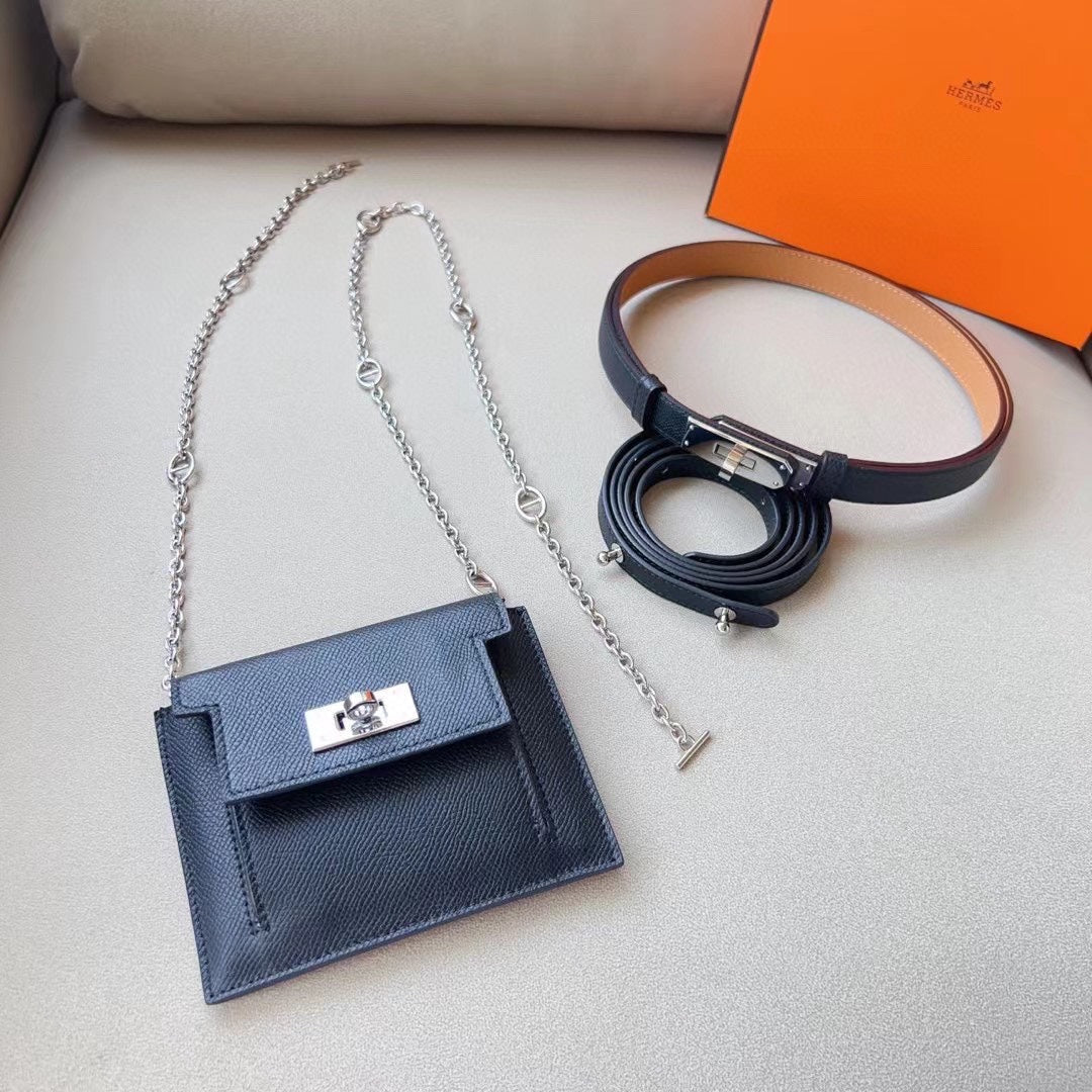hm kelly belt 18mm with kelly pocket black epsom silver hardware