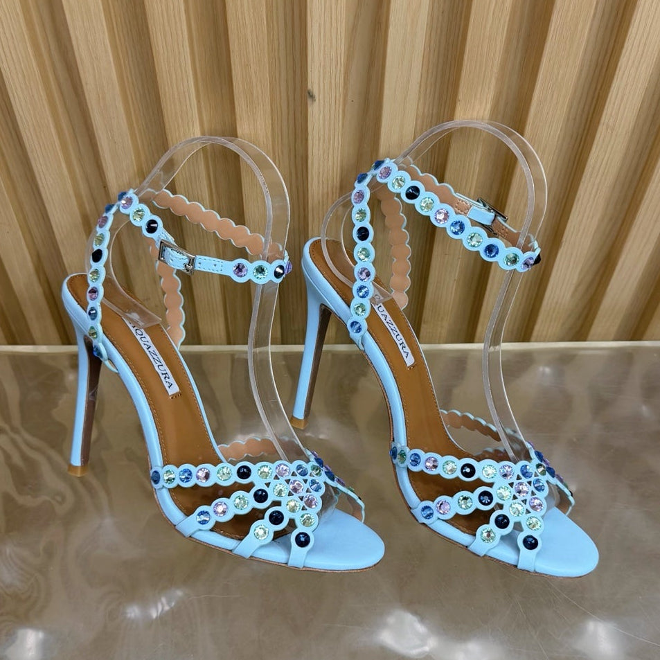 Aquazzura 2026 Tequila Crystal-embellished Sandal 105mm Blue Sheepskin 697684