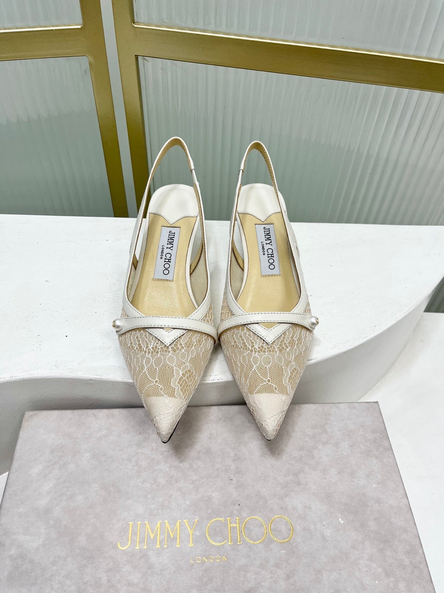 Jimmy 26s Slingback 45 White Beige Lace Sheepskin 605963