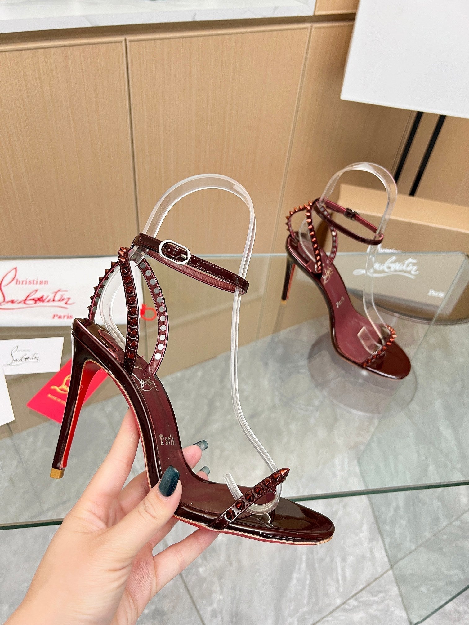 CL So Me 105 mm Strappy Sandal Dark Wine Red Imported Rivets with Sheepskin 251019