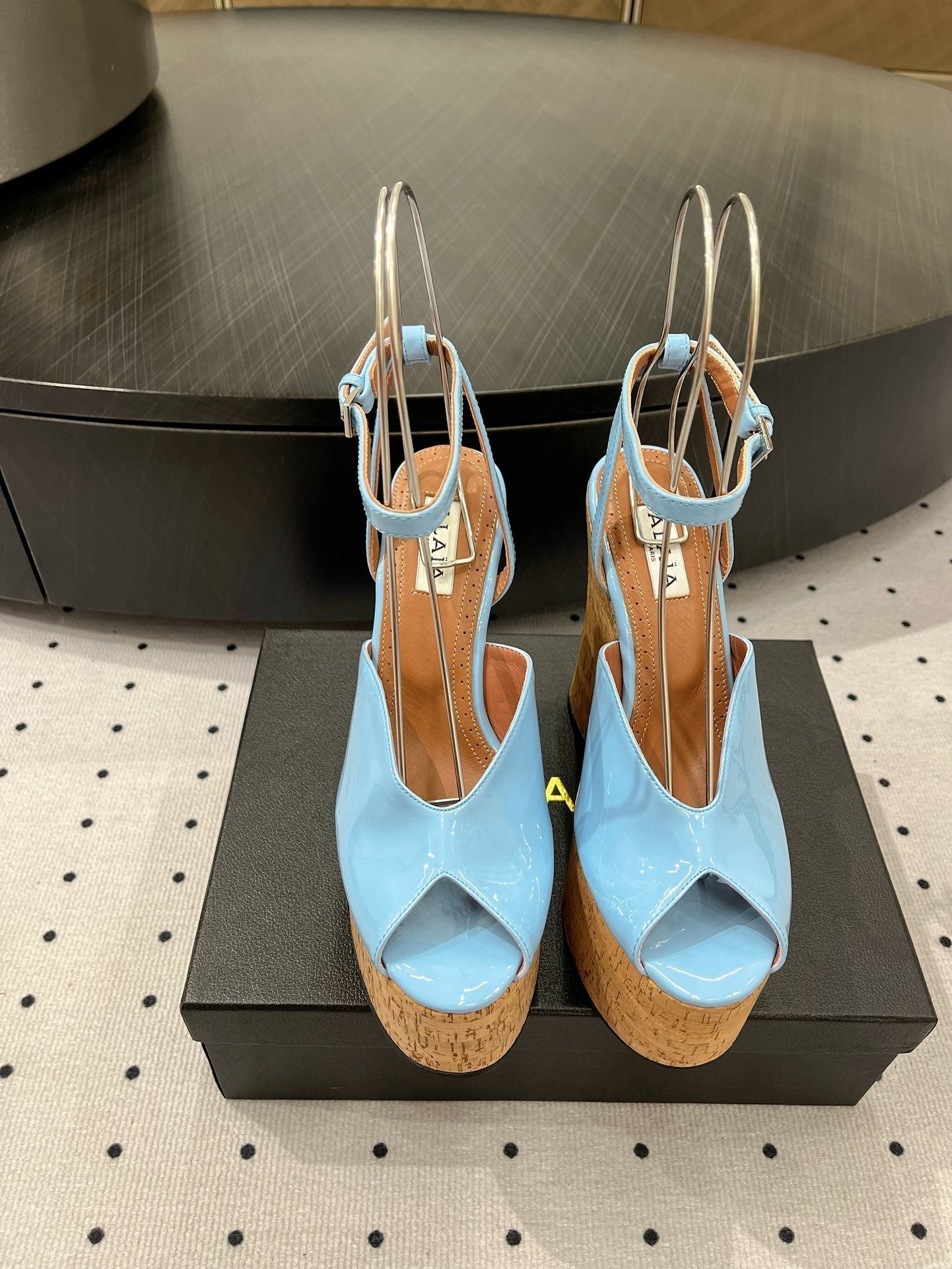 Alaila Wedge Sandals 135mm In Light Blue Glossy Lambskin 954899