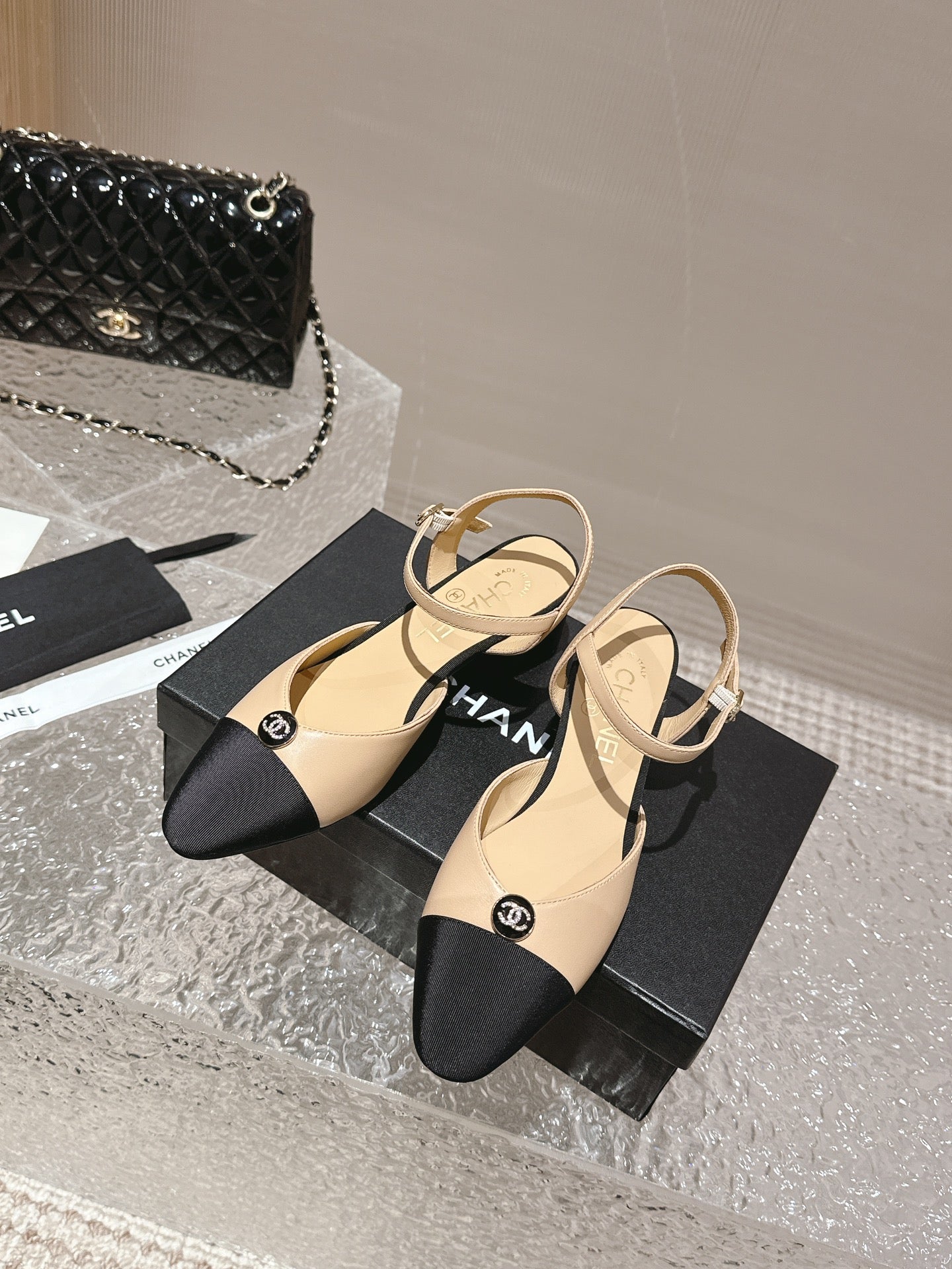 slingbacks 45 beige black lambskin grosgrain