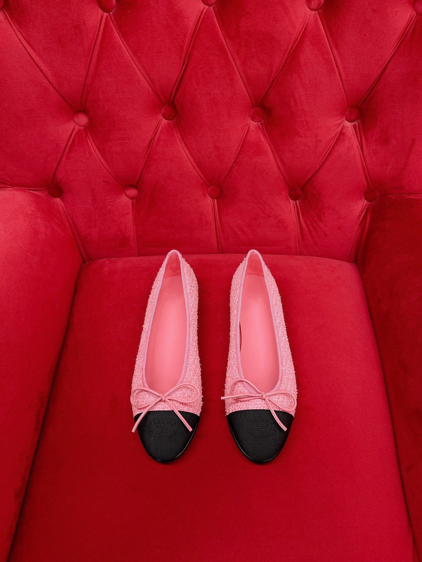 ballet flat pink black tweed grosgrain