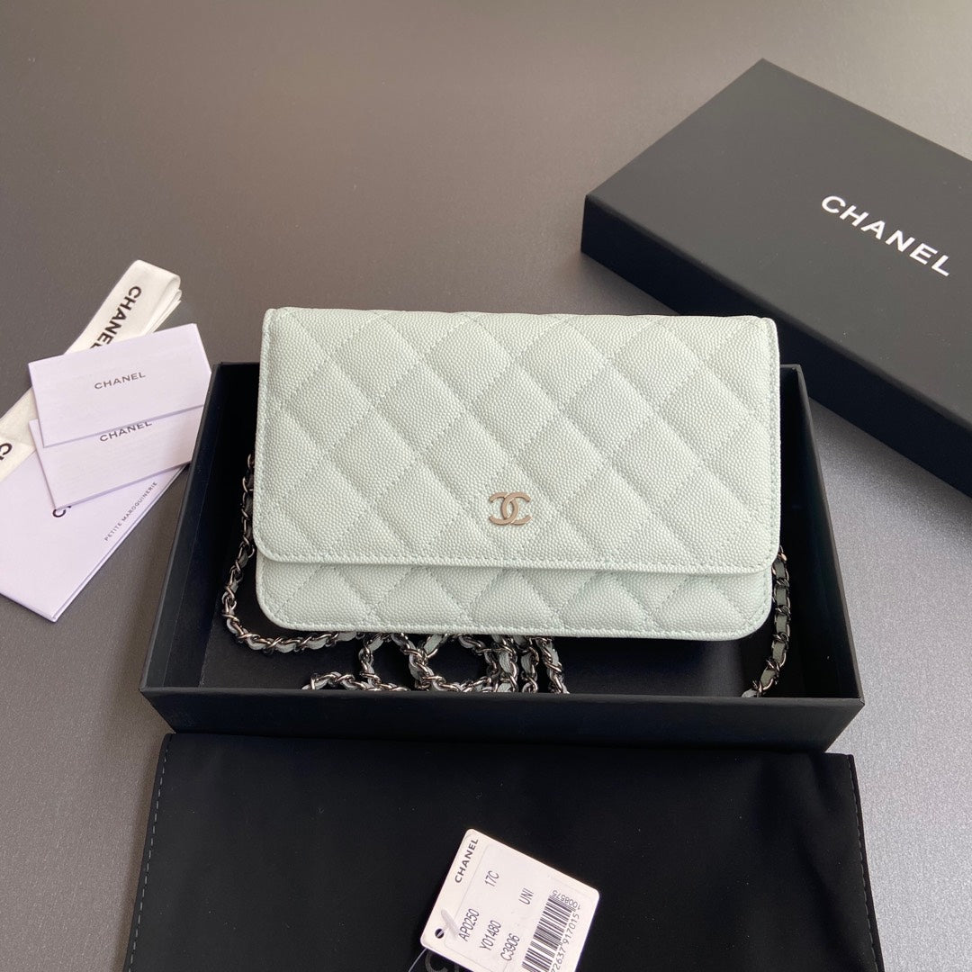 CC Woc 20cm Light Green Grained Calfskin Silver Hardware