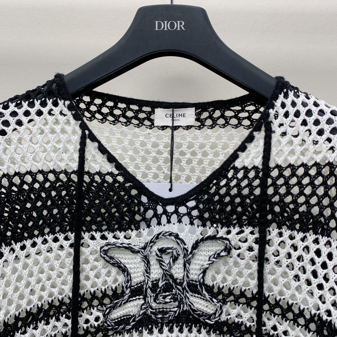 Celine 25  Hollow Crochet Cardigan Black White Wool Polyester 277568
