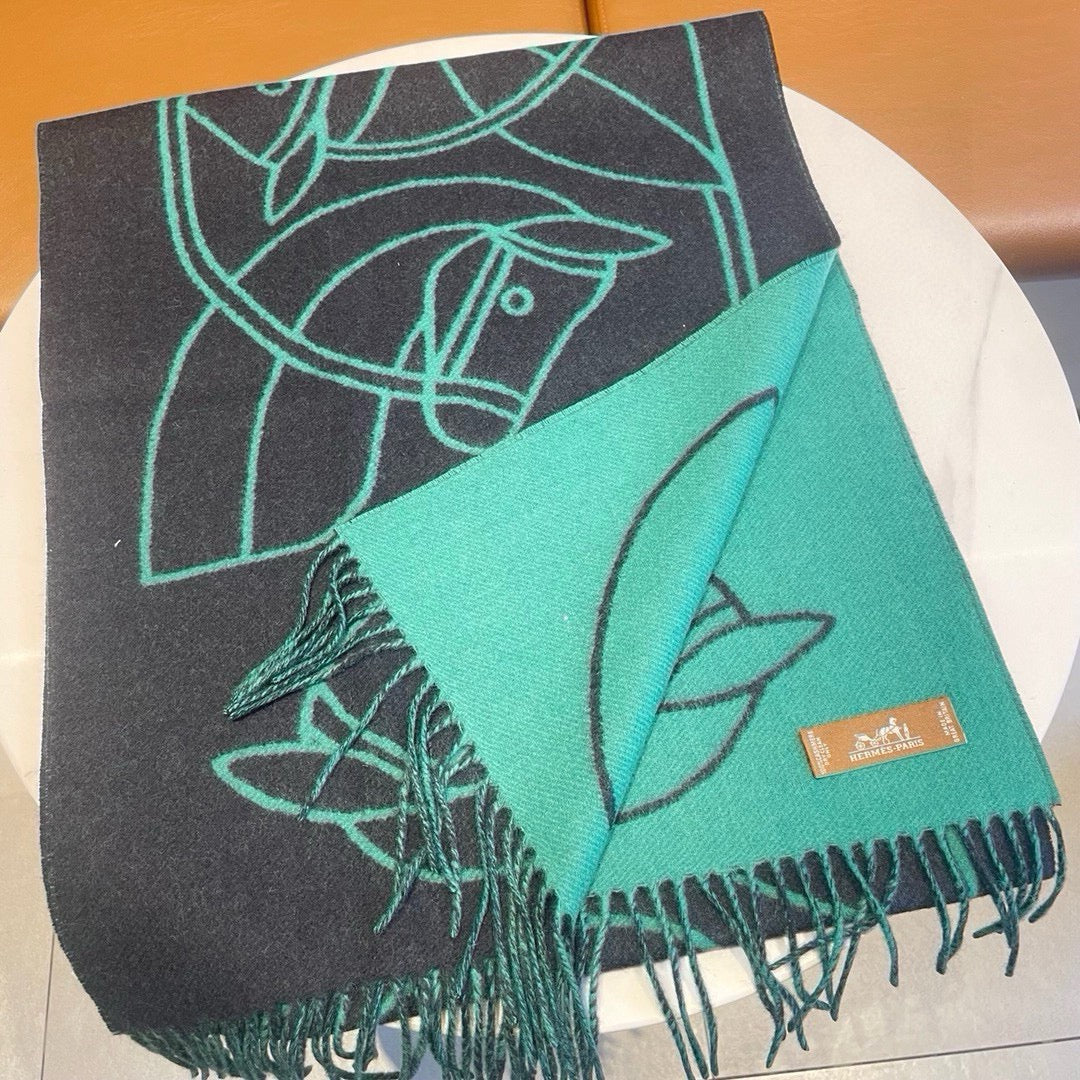 Casaque Entrelacs Equestres Scarf 195 CM Black Mix Jade Green Cashmere