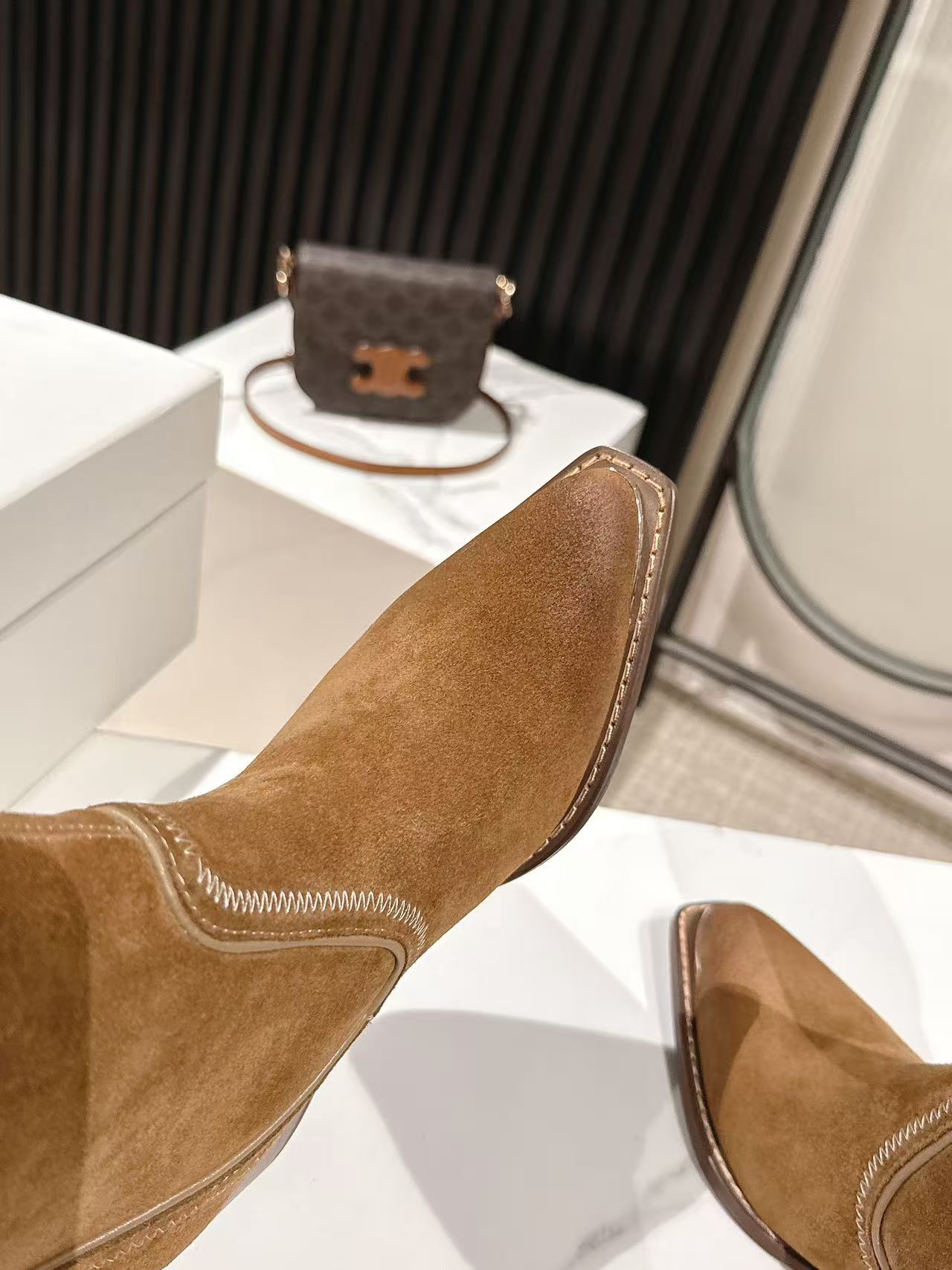 CELINE 25 Mid Calf Cowboy Boots Brown Suede 434425