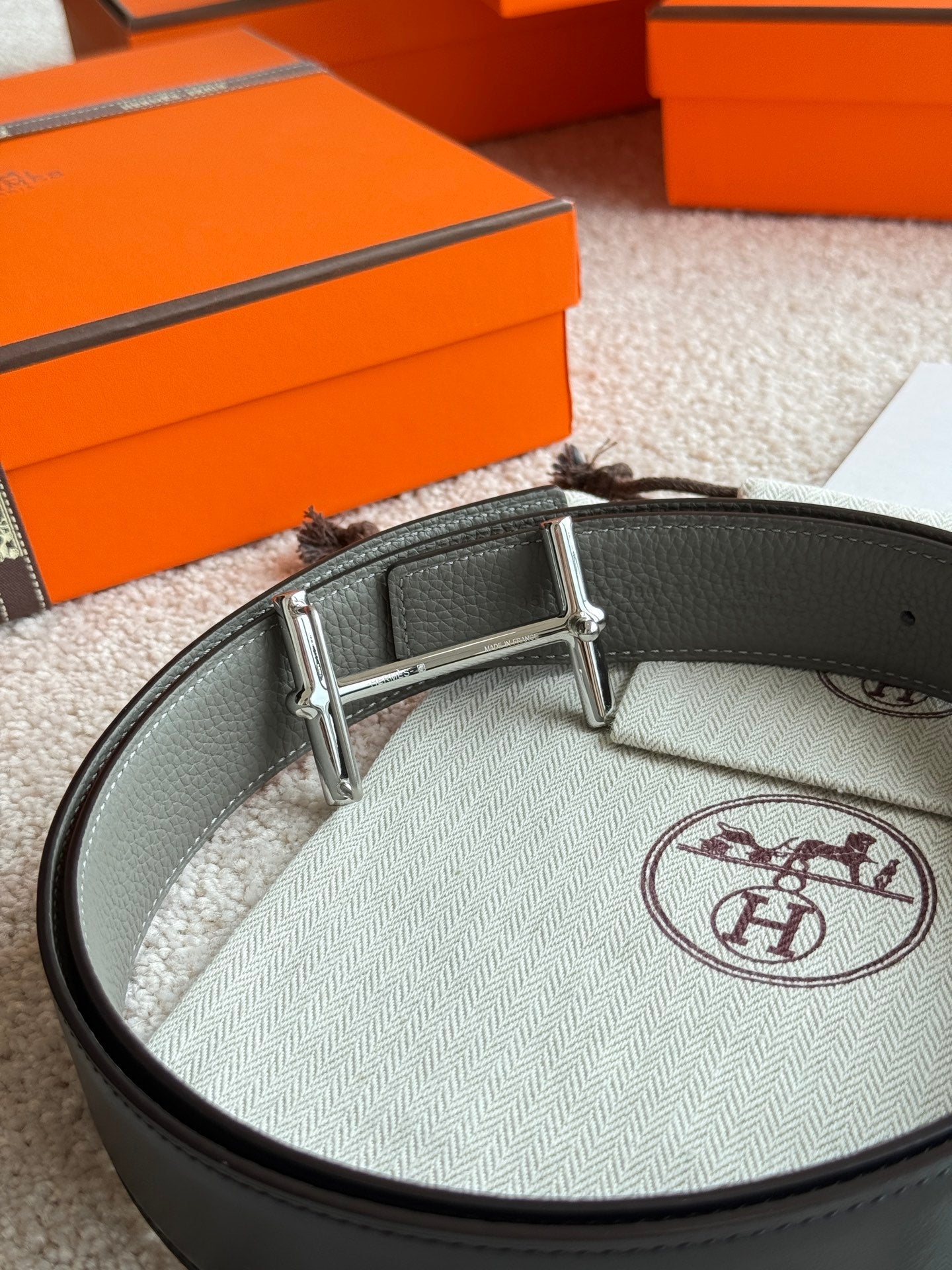 HM Silver H d'Ancre Belt Meyer Gray Leather 187775