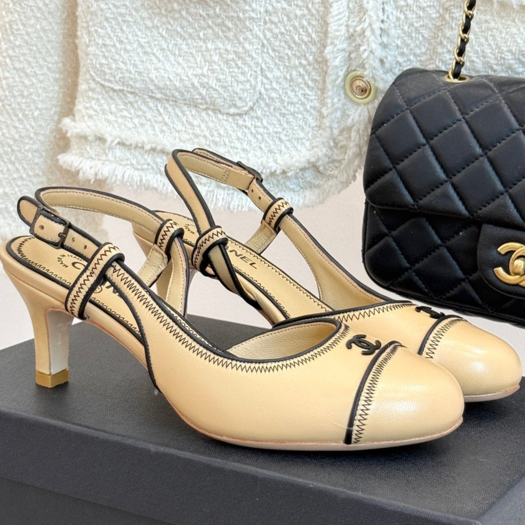 Chanel 25 Slingback Beige Black Sheepskin 473058
