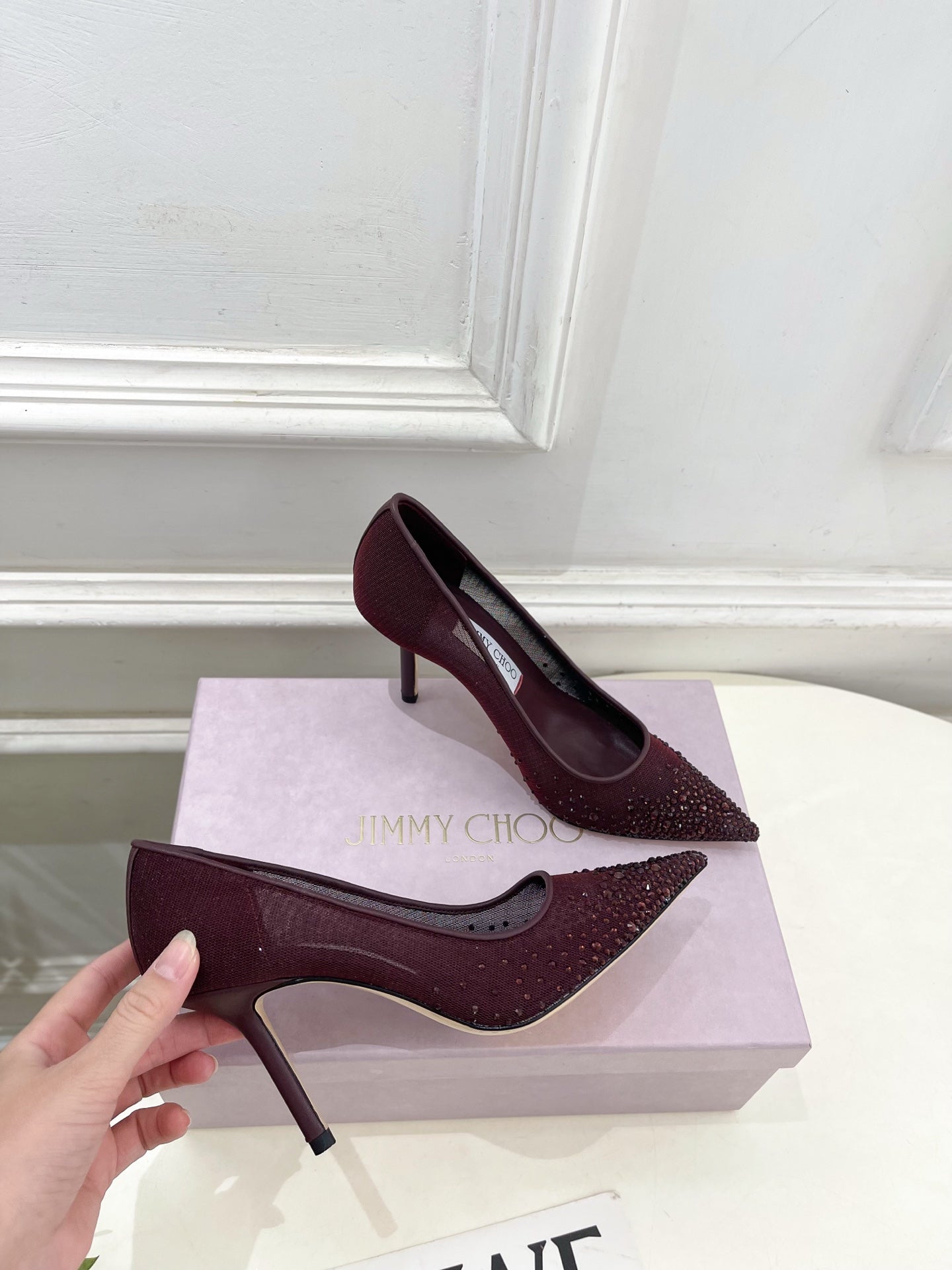 Jimmy Choo 2025 Love 100 Crystal-embellished Pumps Burgundy Mesh Leather 179048