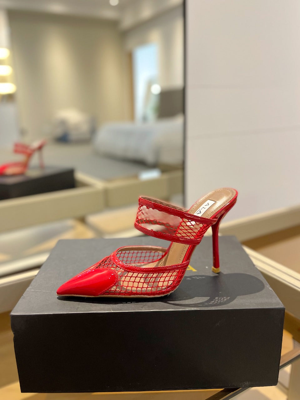 alaia mule 110 fishnet red heart lambskin